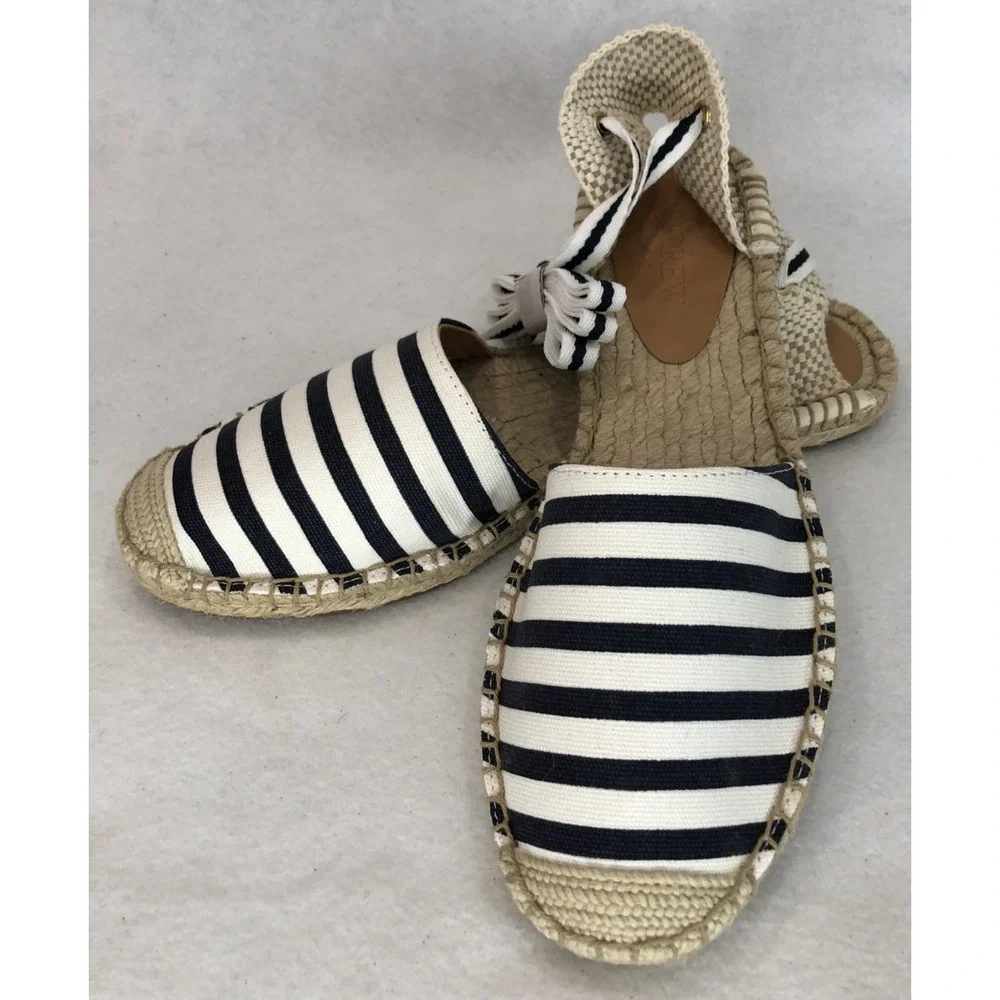J. Crew Womens Sz 8.5 Striped Espadrille Flats w/Ankle Ties Boho Summer Sandals - Picture 1 of 9
